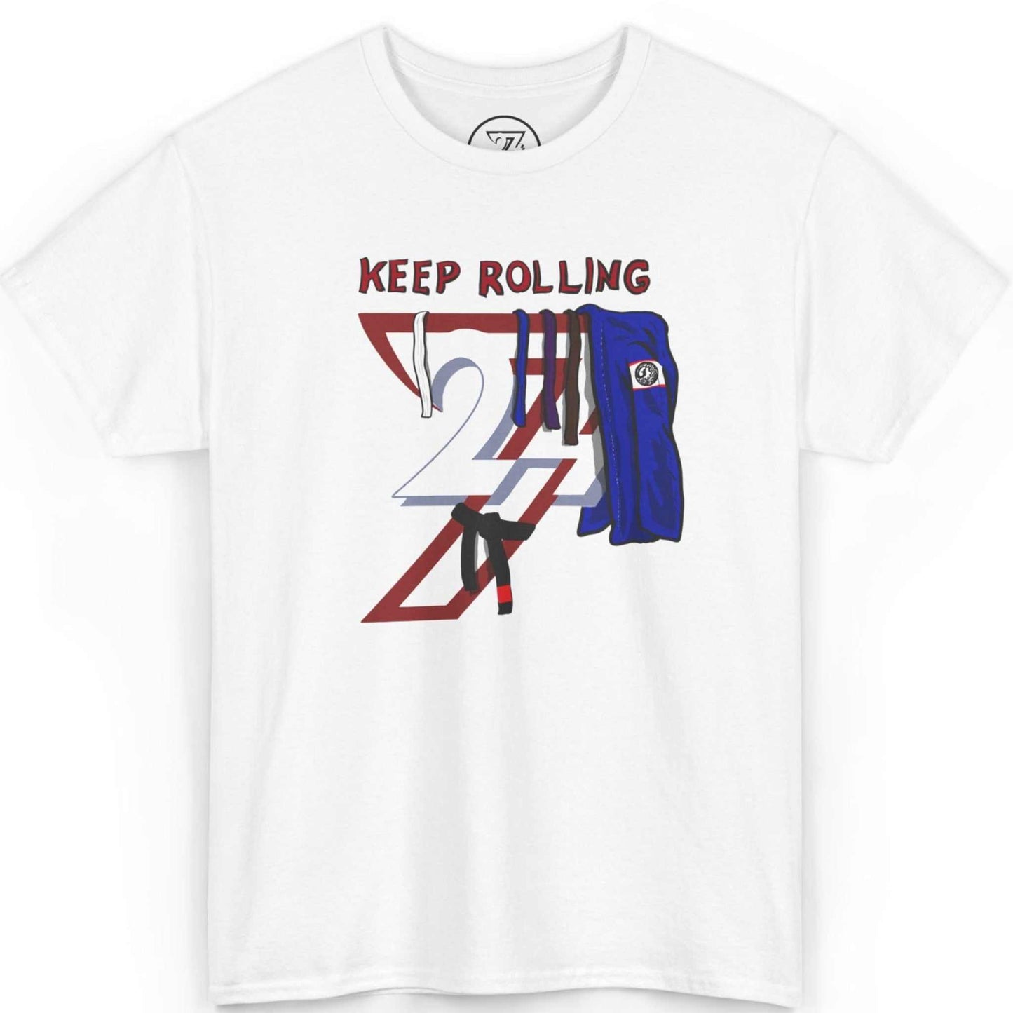 Front view of a crisp white Brazilian Jiu-Jitsu lifestyle t-shirt featuring the Keep Rolling belt progression graphic, displayed on a clean background.