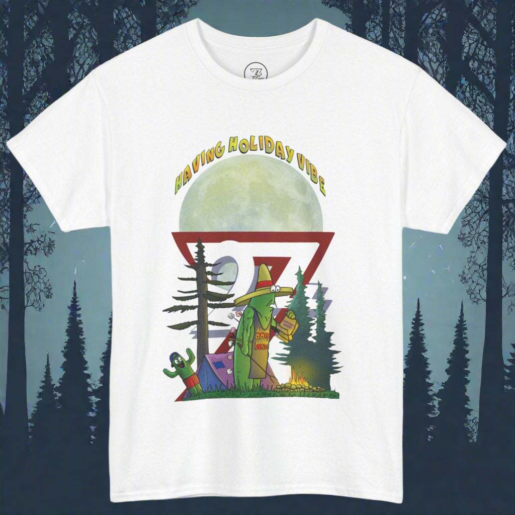 Crisp white novelty summer tee showing a confused cactus in a BBQ King apron with marshmallows stuck to his back.