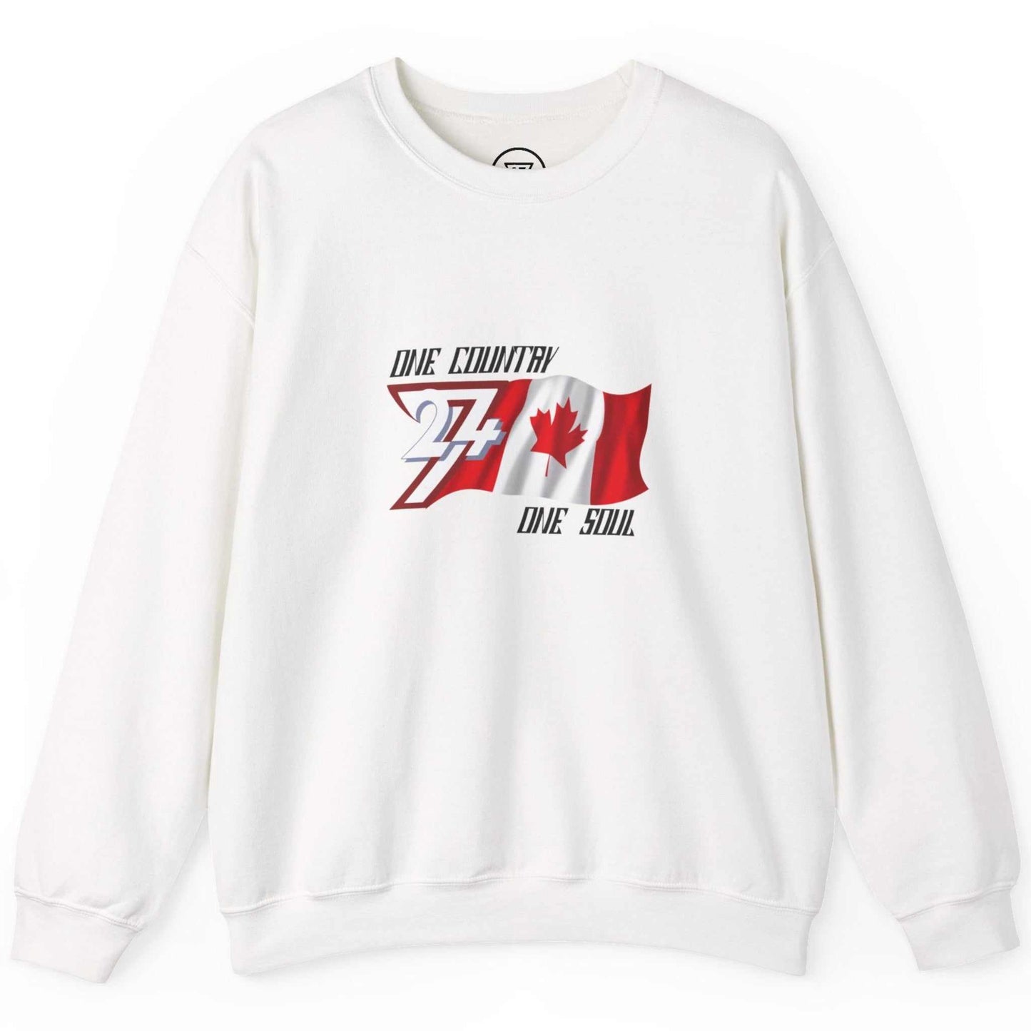Front view of a white ethically made graphic pullover for Canadian national team fans.