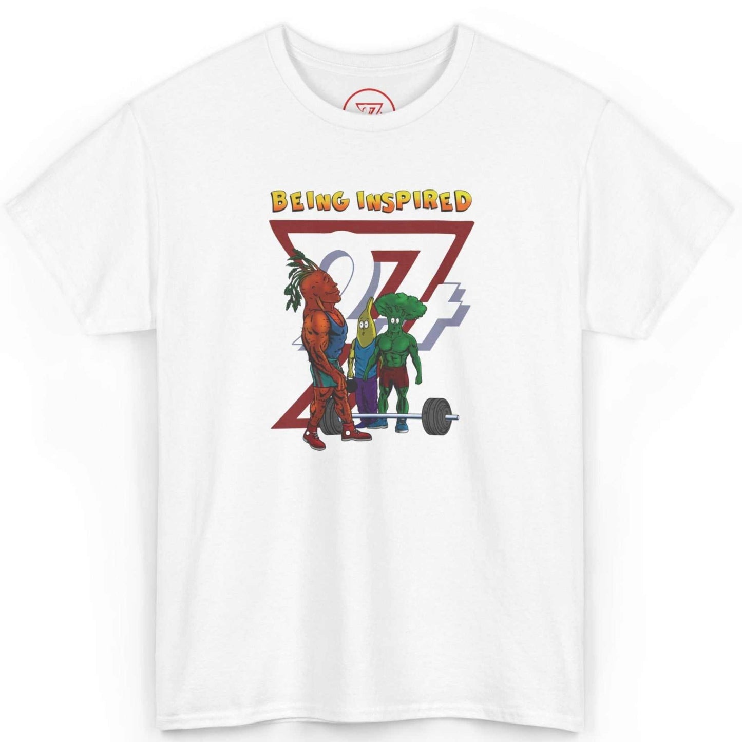 Front view of a crisp white cartoon bodybuilding vegetables shirt showcasing the colorful Leonando universe characters, laid flat.
