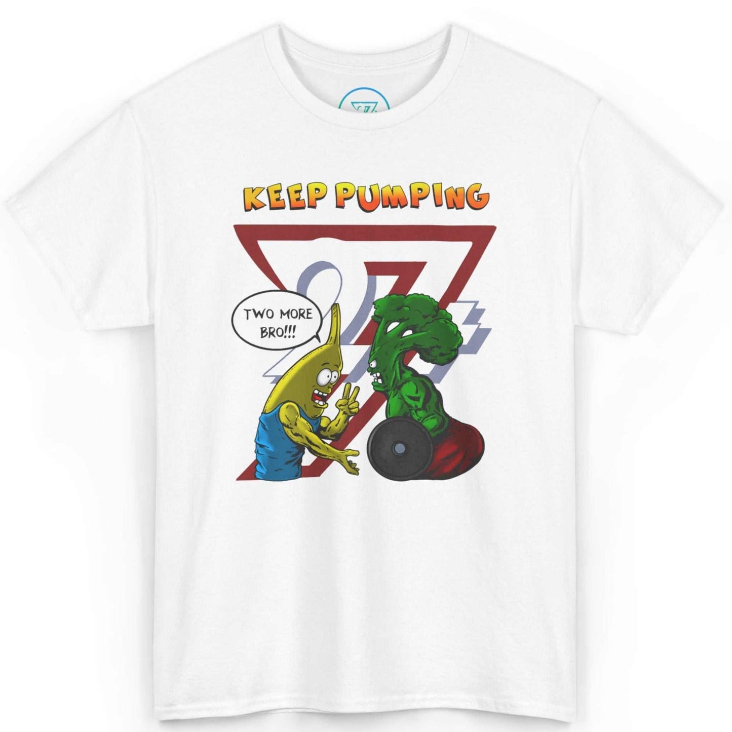 Front view of a clean white cartoon fitness tee showcasing the original Leonando comic universe characters, laid flat.