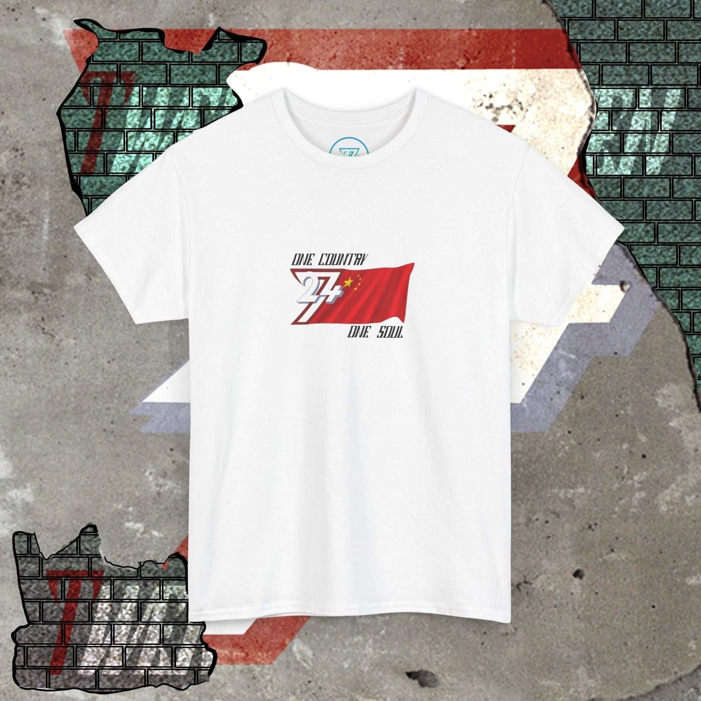 Full front view of the White China flag t-shirt featuring a refined hand-drawn design and "One Country One Soul" slogan.