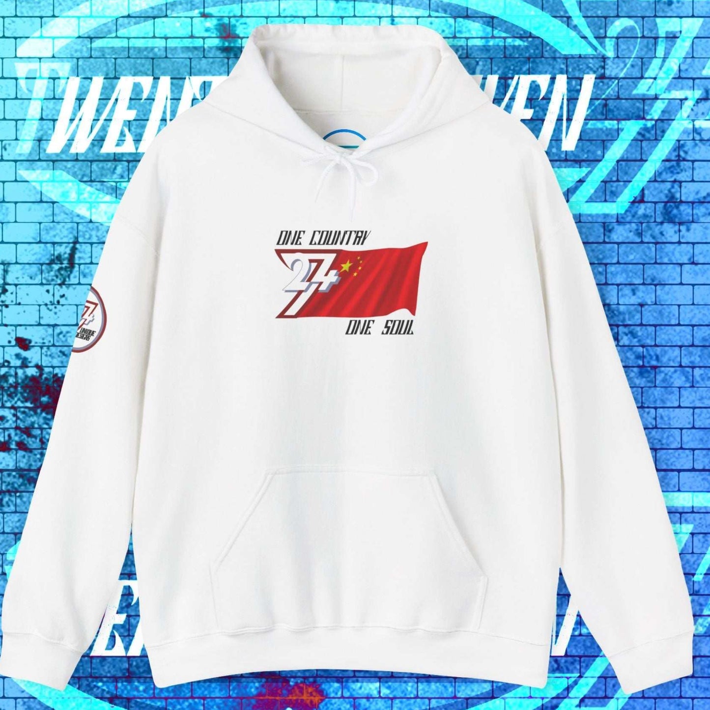 Premium White China flag hoodie featuring the hand-drawn national flag and 24/7 branding.