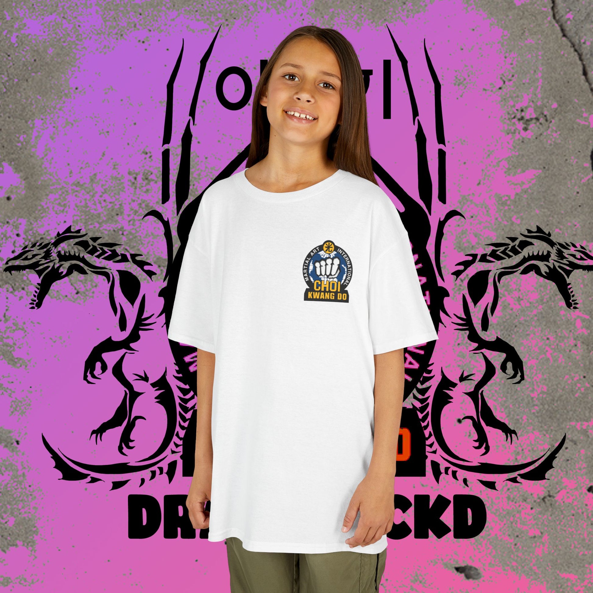 White Choi Kwang Do martial arts tee for kids on girl model