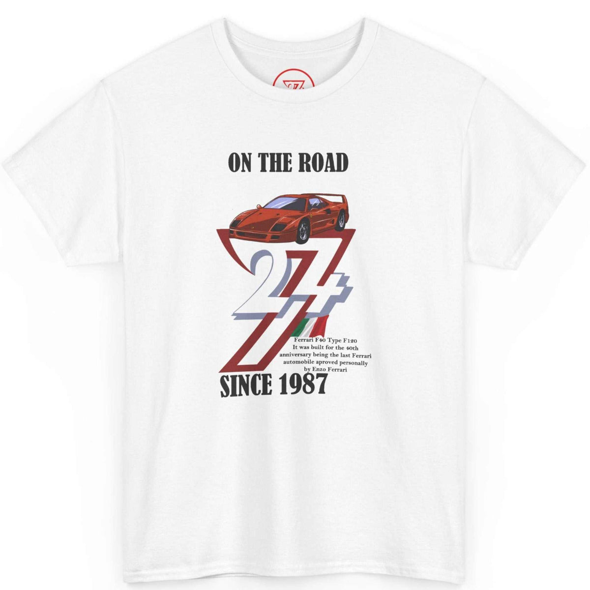 Front view of a crisp white classic car guy gift tee showcasing the full-color vintage Ferrari F40 graphic, laid flat.