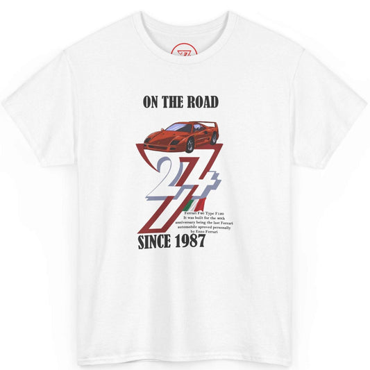 Front view of a crisp white classic car guy gift tee showcasing the full-color vintage Ferrari F40 graphic, laid flat.