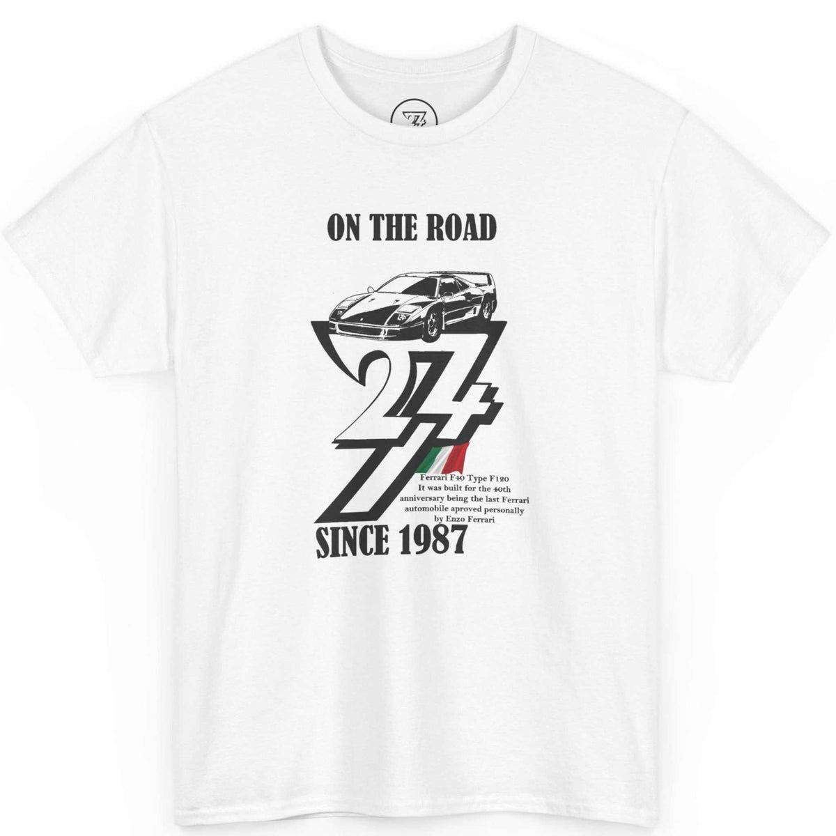Front view of a crisp white classic supercar gift tee showcasing the black vintage Ferrari graphic, laid flat.