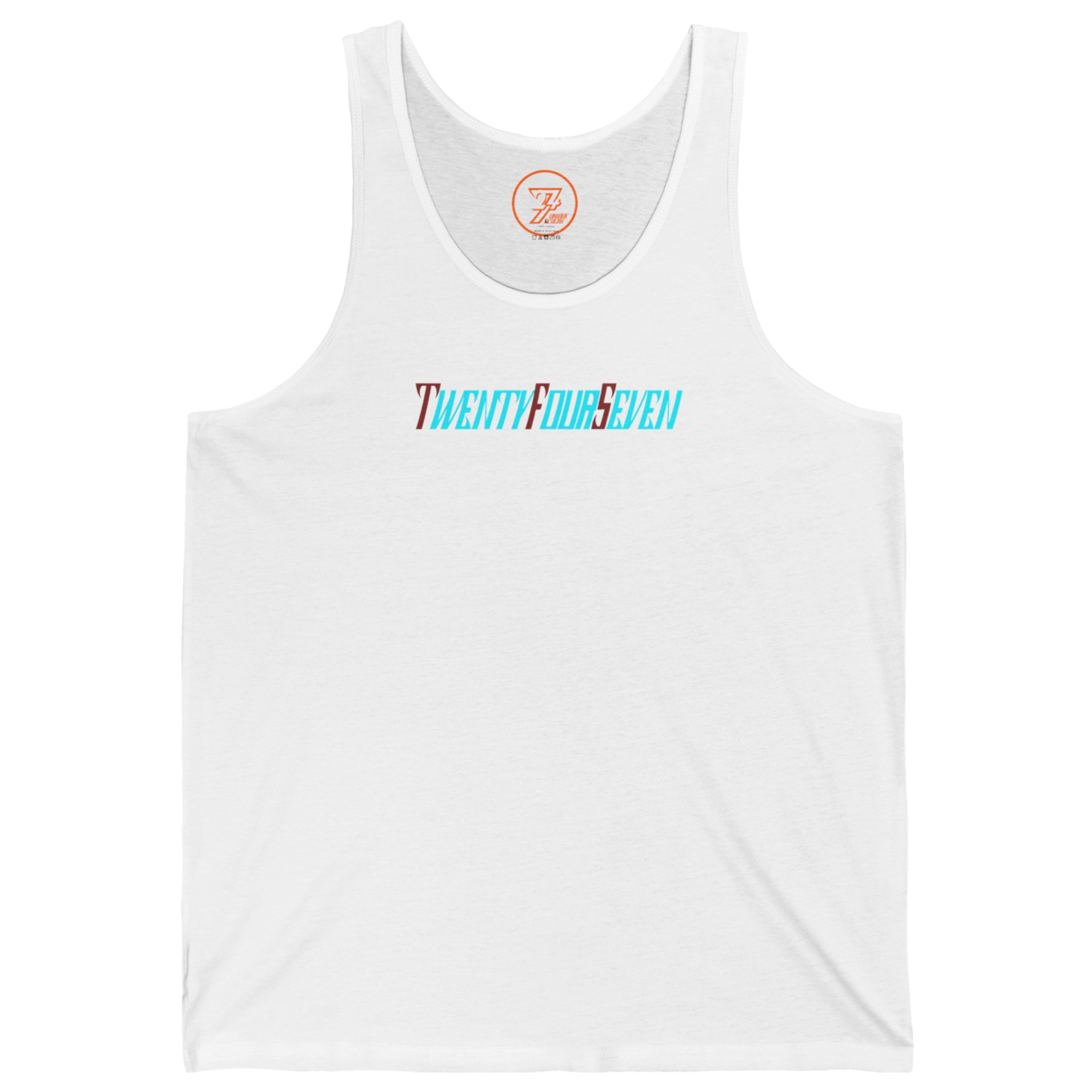 White women's everyday tank top featuring a colorful gradient text logo on the chest.