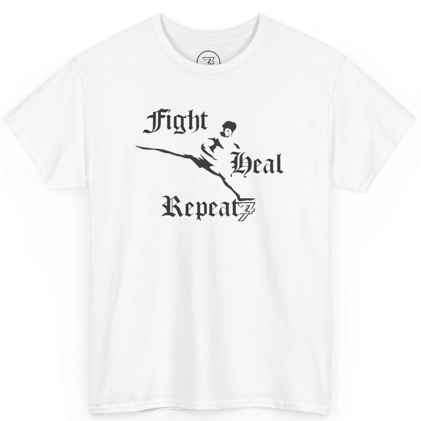 Front view of a crisp white combat sport warrior tee showcasing the black K1 striking graphic, laid flat.