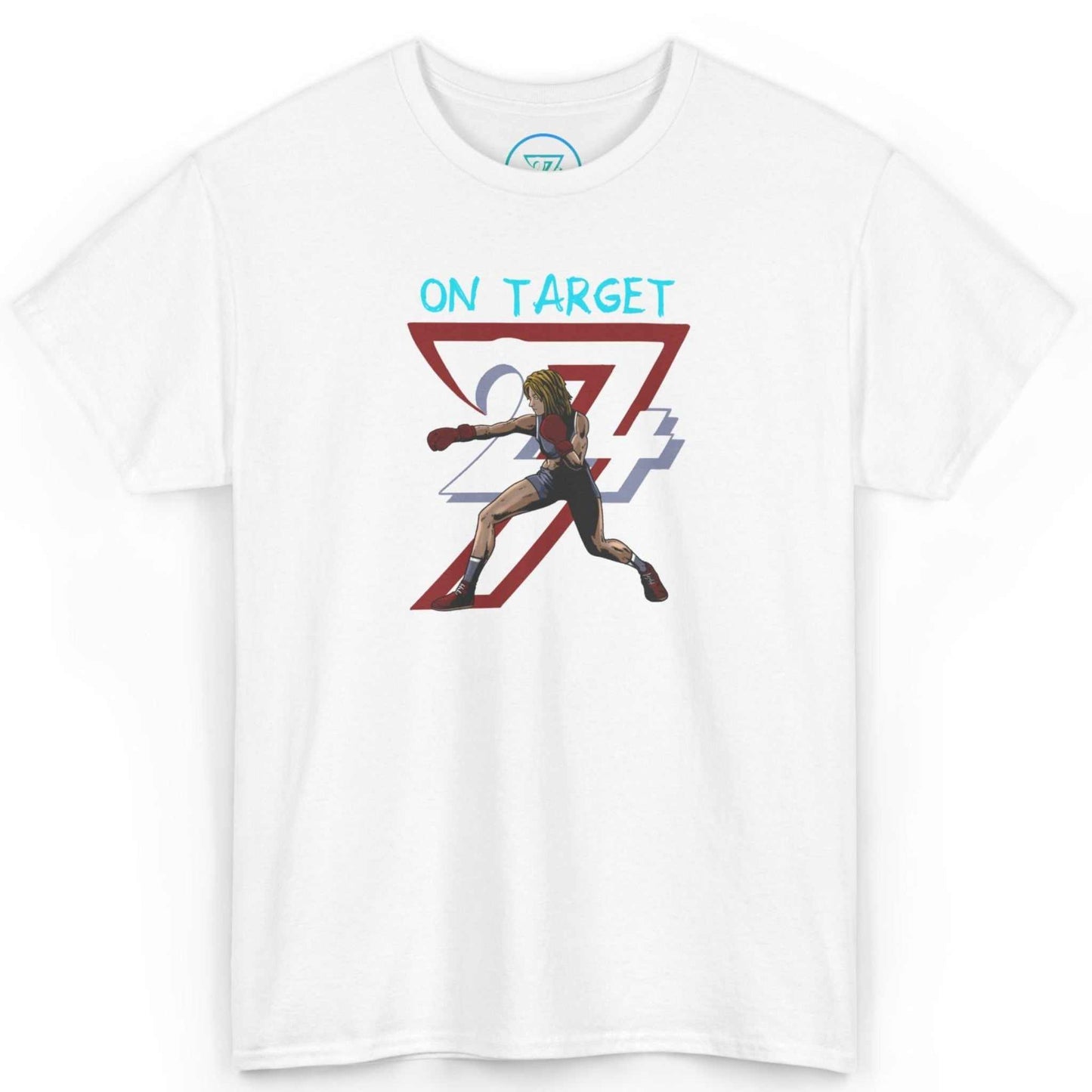 Front view of a crisp white comic style boxing t-shirt highlighting the digital linework, displayed on a clean background.