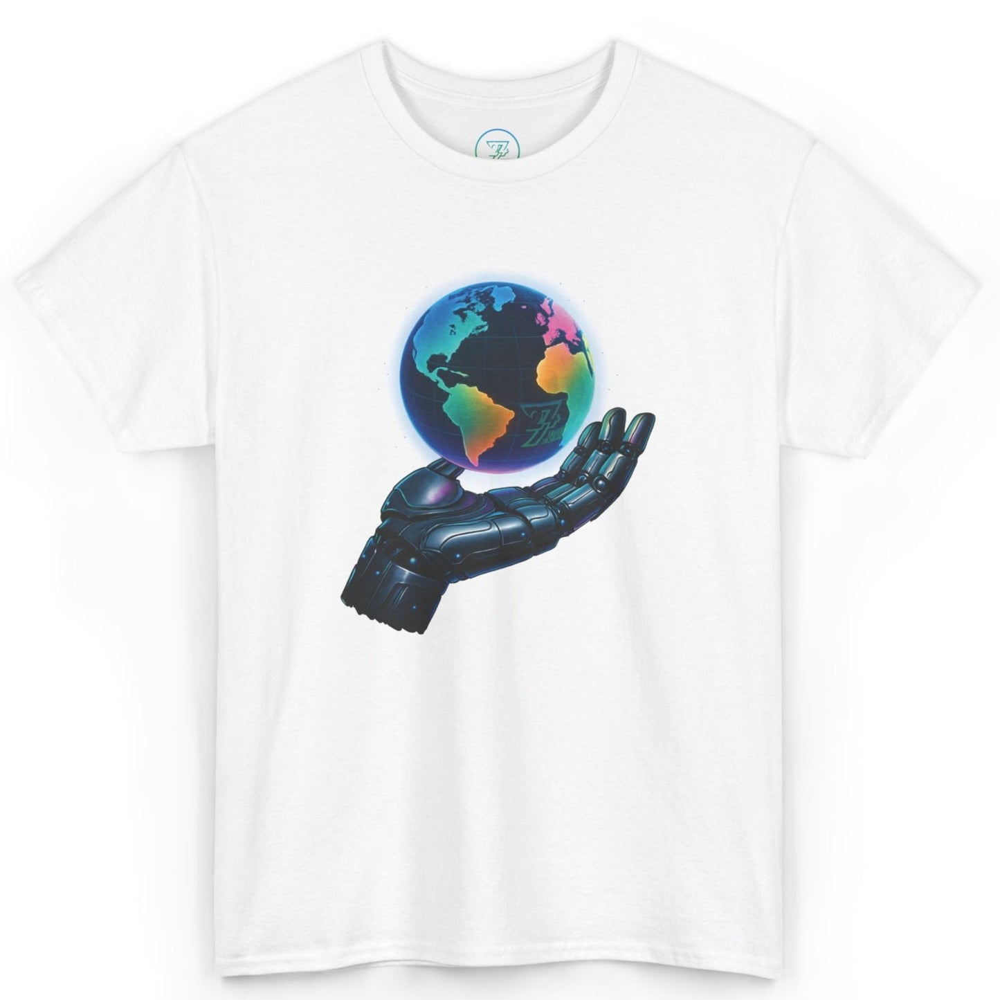 Solid white comic style graphic tee displaying the vibrant glowing Earth illustration.