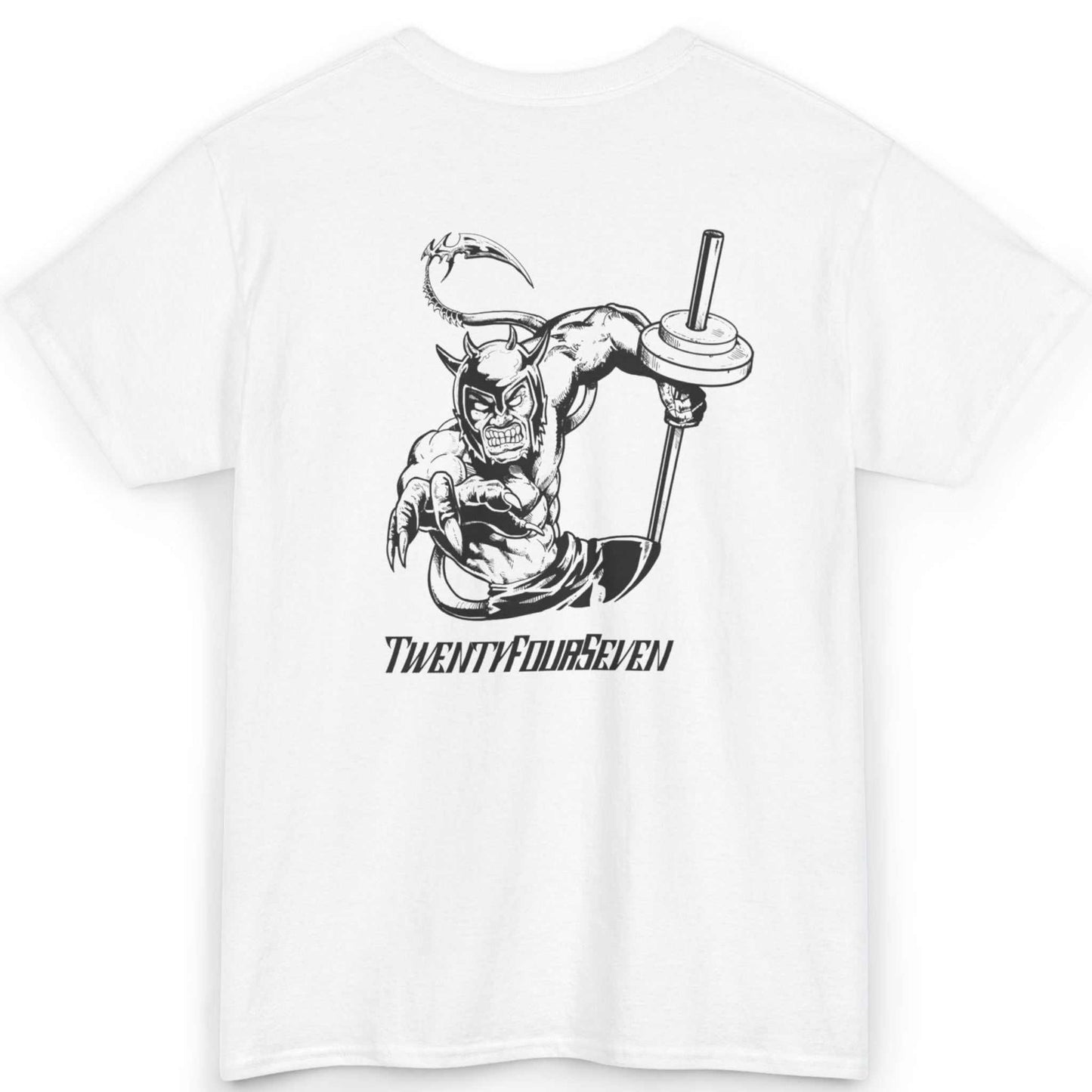 Back view of a white comic style gym shirt showcasing the massive monochrome hand-drawn Dablo fantasy character illustration.