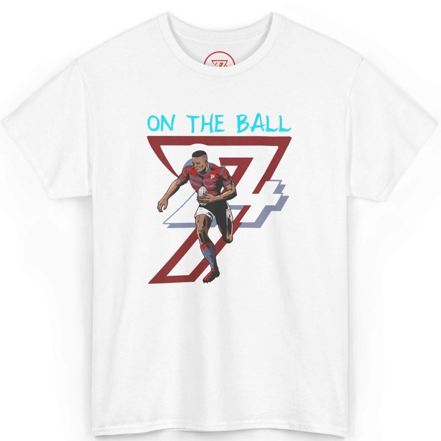 Front view of a crisp white comic-style rugby graphic tee showcasing the dynamic hand-drawn player and 24/7 logo, laid flat on a clean background.