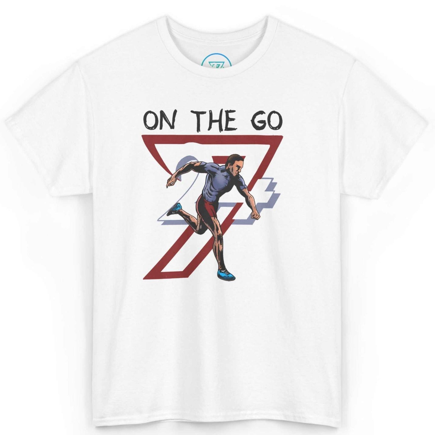 Front view of a crisp white comic style running shirt featuring the hand-drawn On The Go graphic, displayed on a clean background.