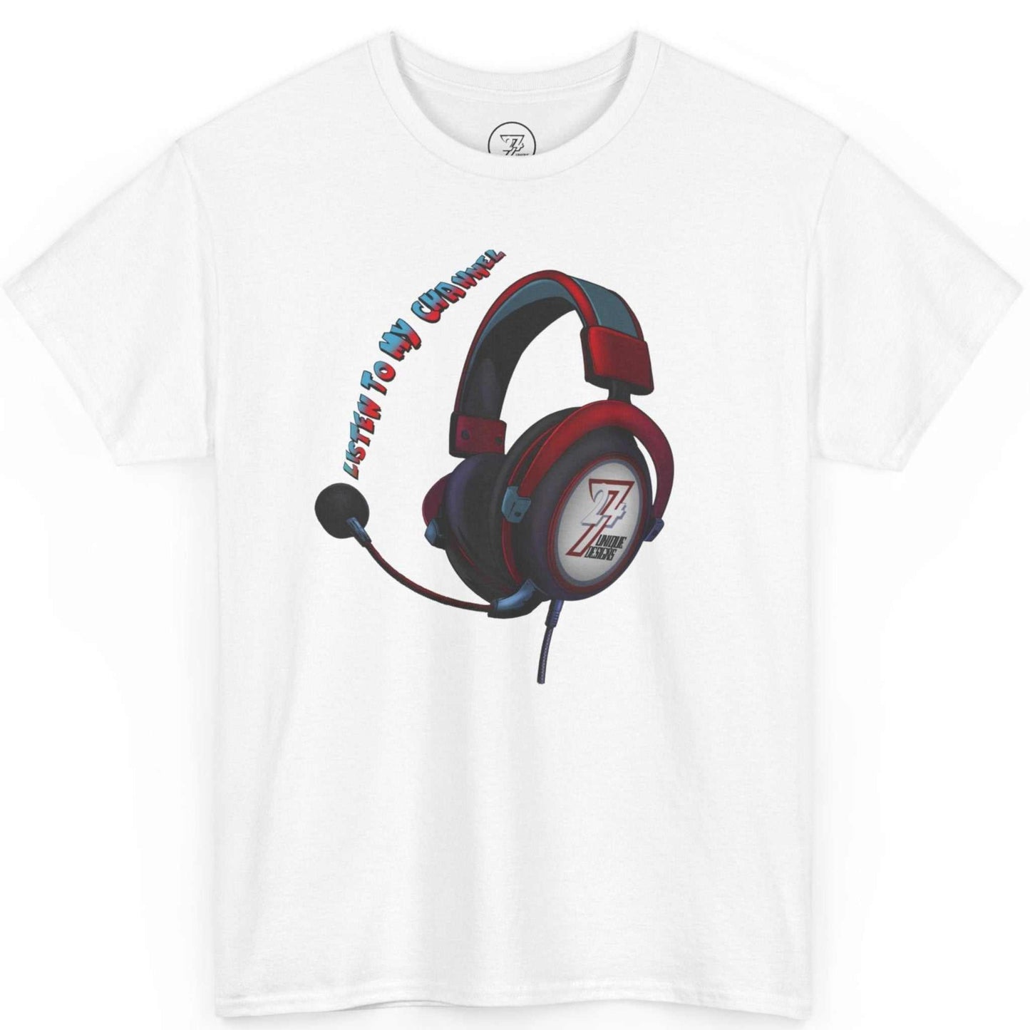 Front view of a white content creator graphic tee featuring the vibrant red and black gaming headset design, displayed on a clean background.