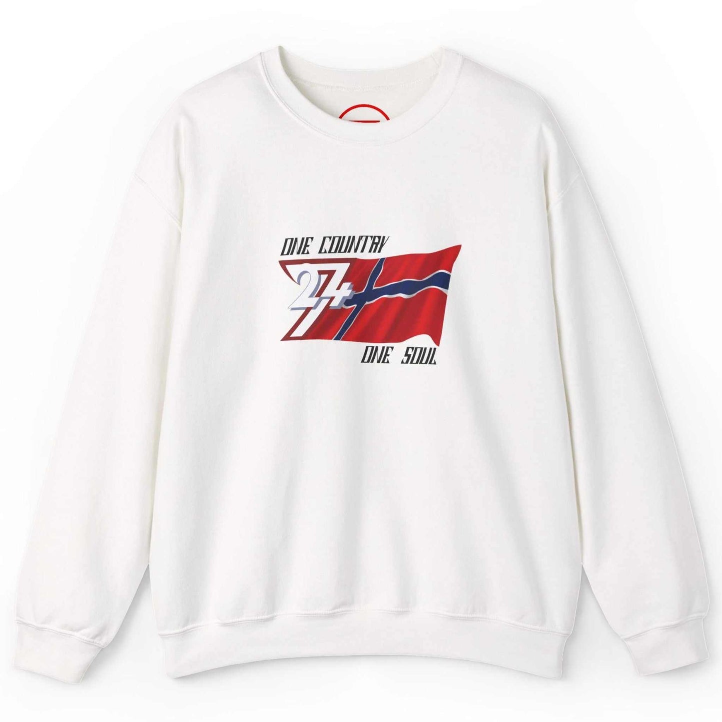 Crisp white cozy Norway sweater displaying the bold Nordic flag graphic, shown on a clean background.