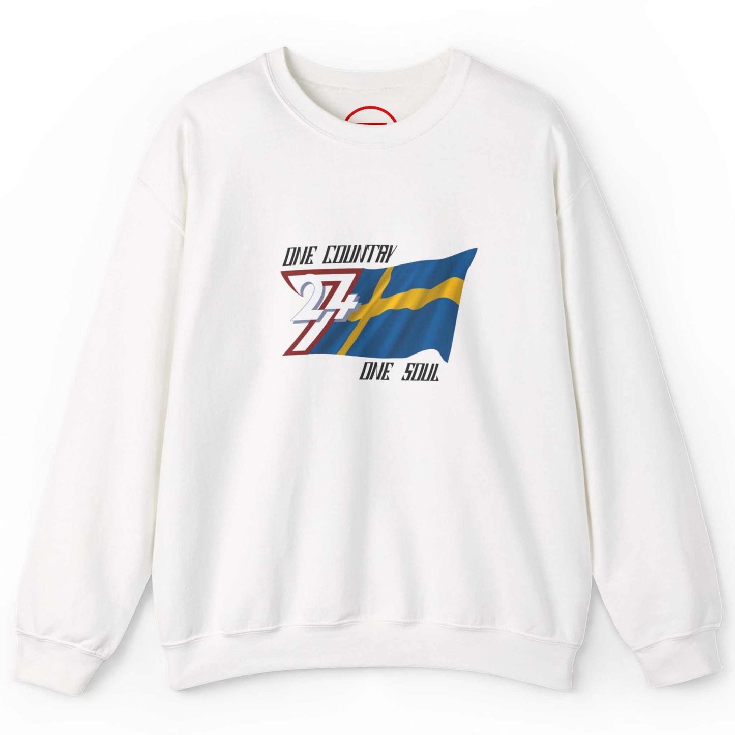 Crisp white cozy Swedish sweater displaying the bold national flag graphic, shown on a clean background.