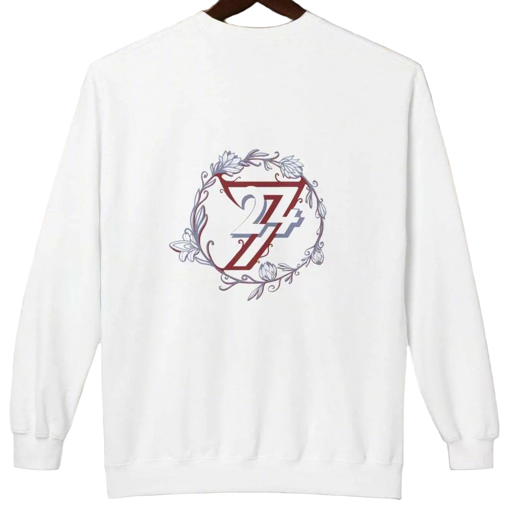 Back view of a white crewneck sweatshirt displaying a large detailed floral graphic.