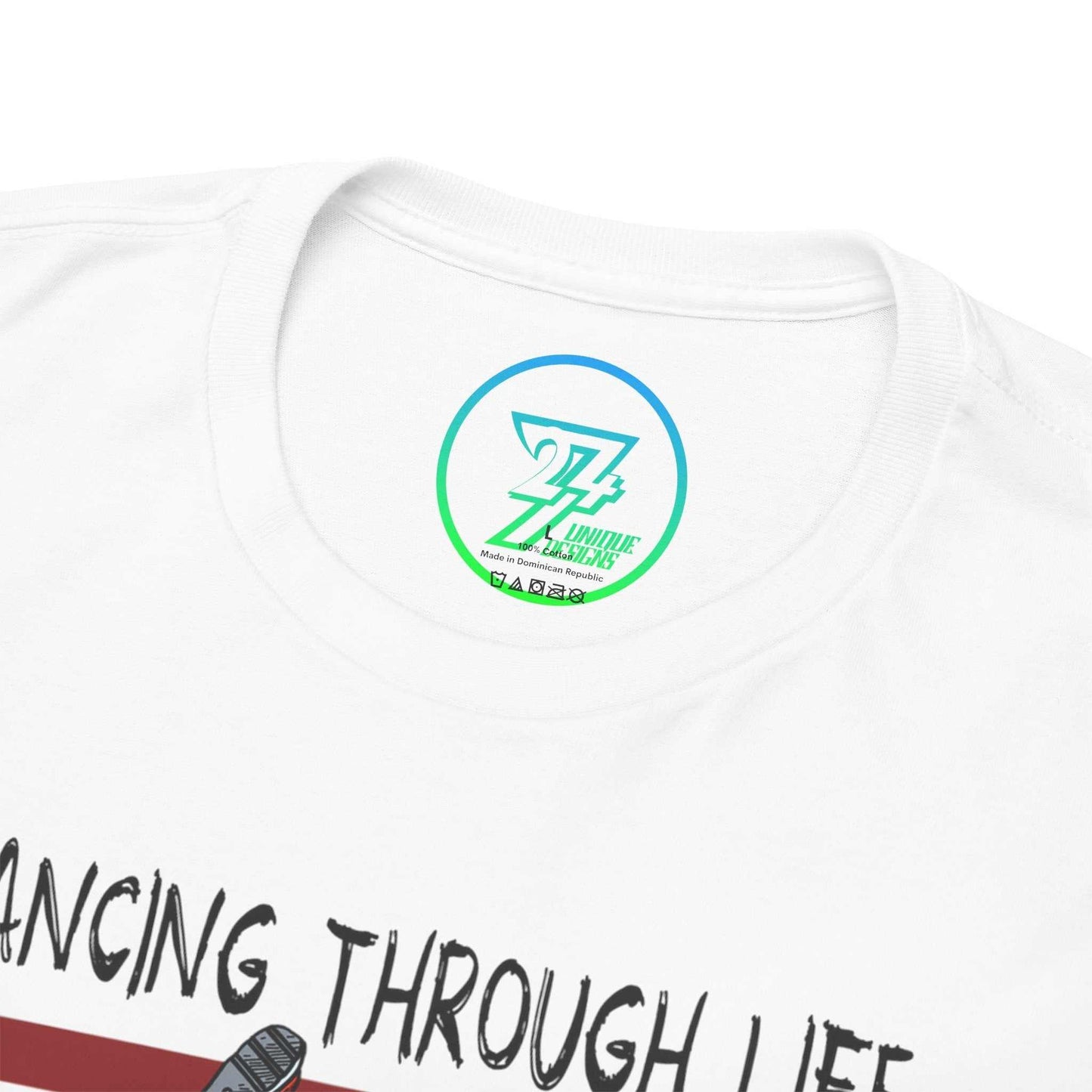 Close-up of the seamless crew neckline on the white dance shirt, clearly showing the official 24/7 Unique Designs trademark logo inner label branding.