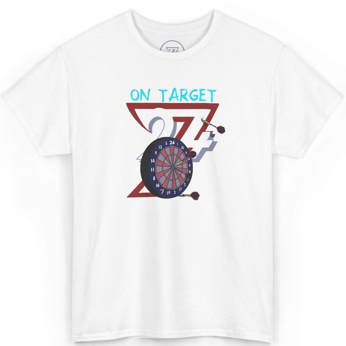Front view of a crisp white dartboard t-shirt highlighting the energetic sketchy linework, displayed on a clean background.