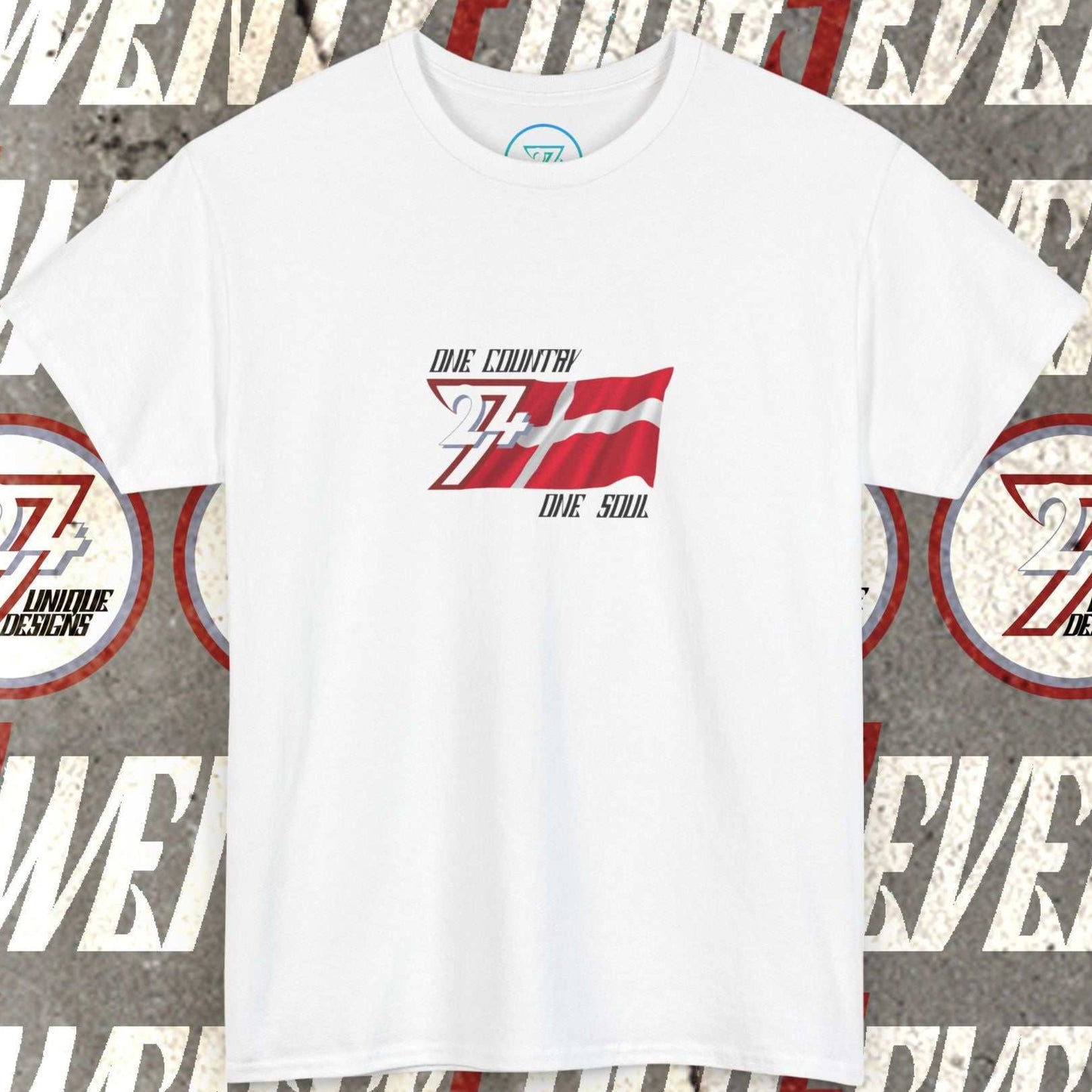 Full front view of the White Denmark flag t-shirt featuring a refined hand-drawn design and "One Country One Soul" slogan.