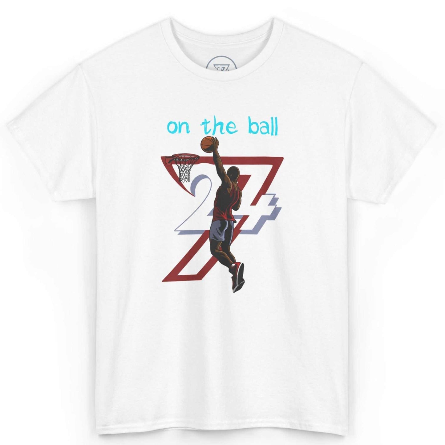 Front view of a crisp white digital comic art sports shirt showcasing the detailed DTG artwork, displayed on a clean background.