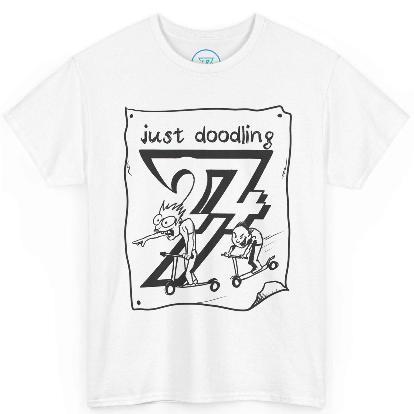 Front view of a white doodle art graphic tee featuring a black and white sketch of kids on scooters, displayed on a clean background.
