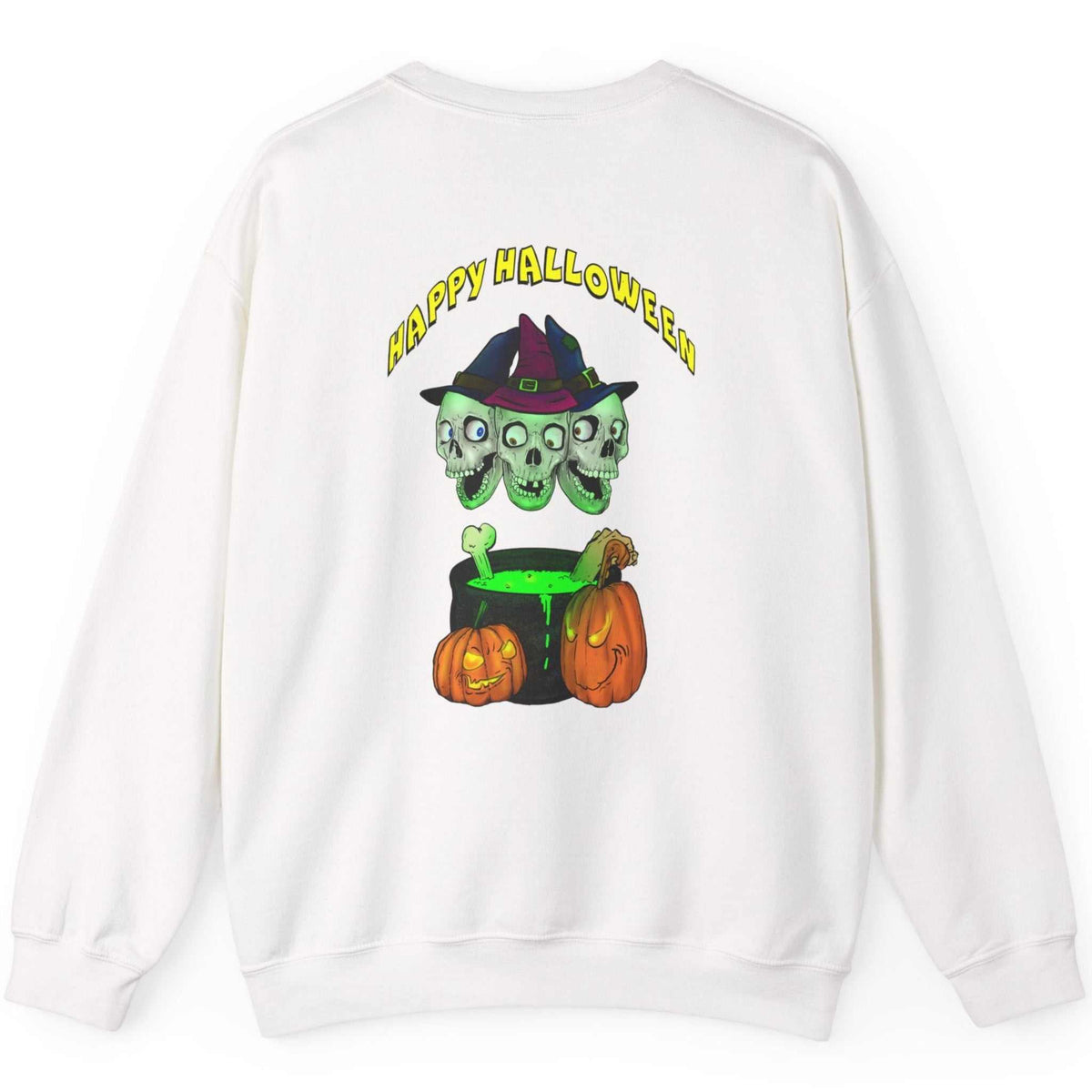 Back view of the white double-sided Halloween sweatshirt highlighting the skulls graphic, displayed on a clean background.