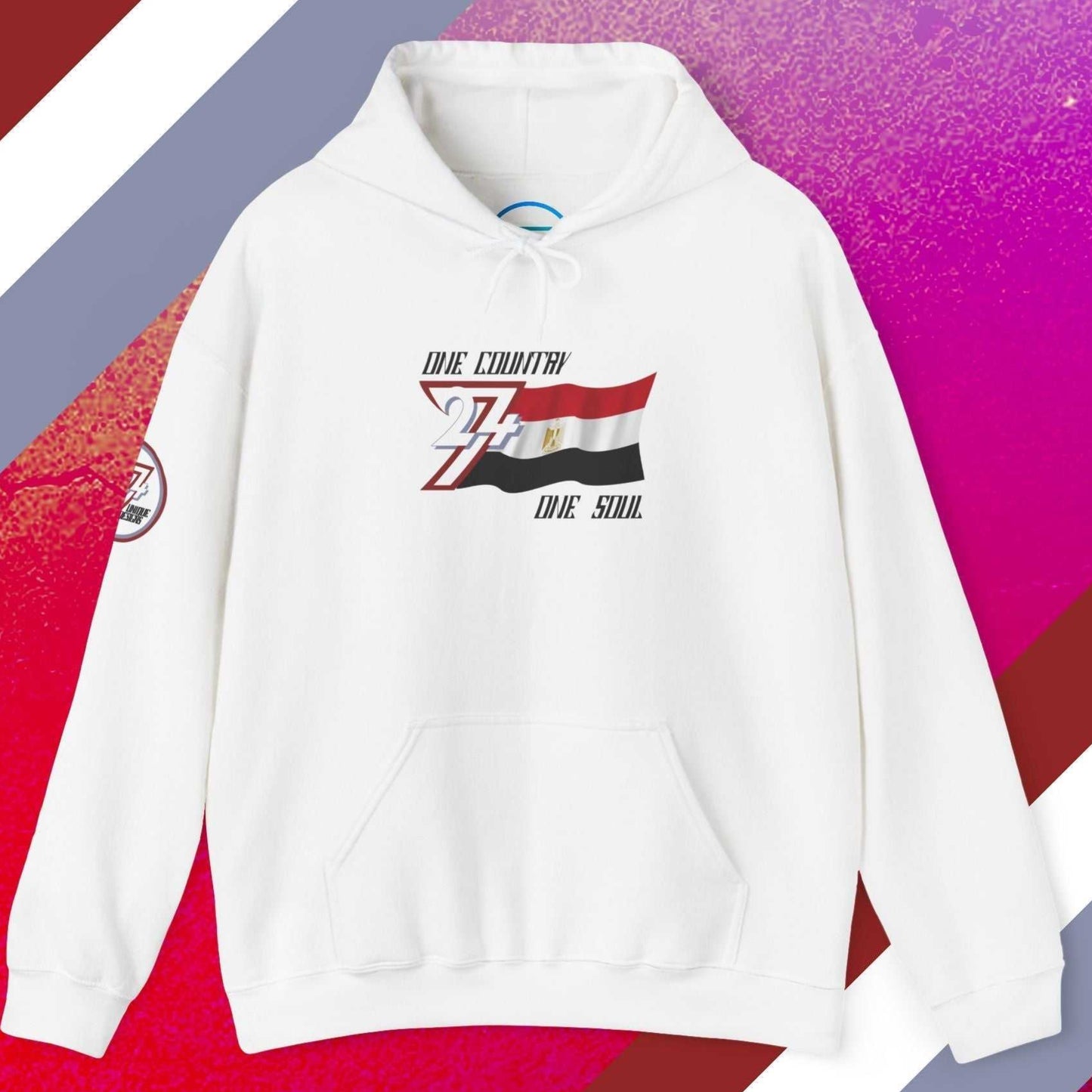 Premium White Egypt flag hoodie featuring the hand-drawn national flag and 24/7 branding.