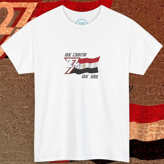 Full front view of the White Egypt flag t-shirt featuring a refined hand-drawn design and "One Country One Soul" slogan.