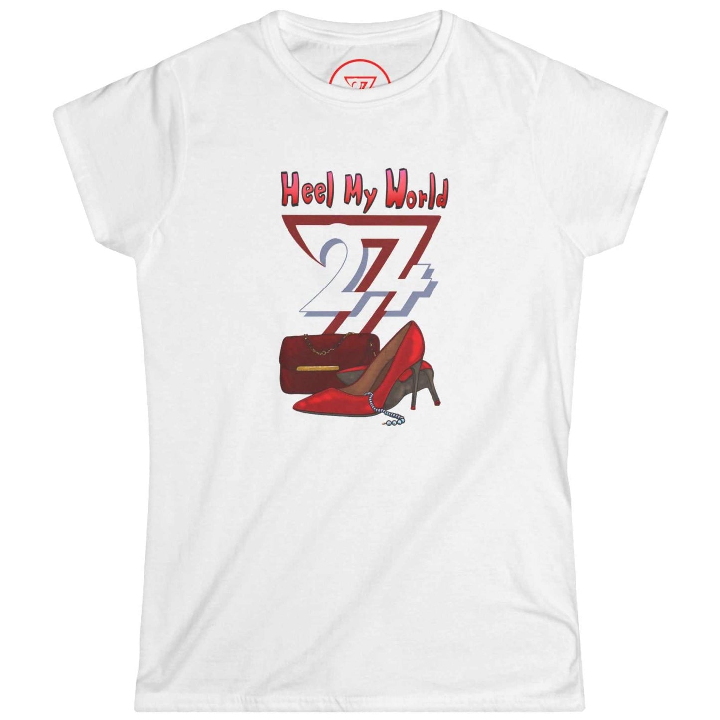 Front view of a white elegant high heel graphic tee featuring the hand-drawn red stiletto and purse illustration, displayed on a clean background.