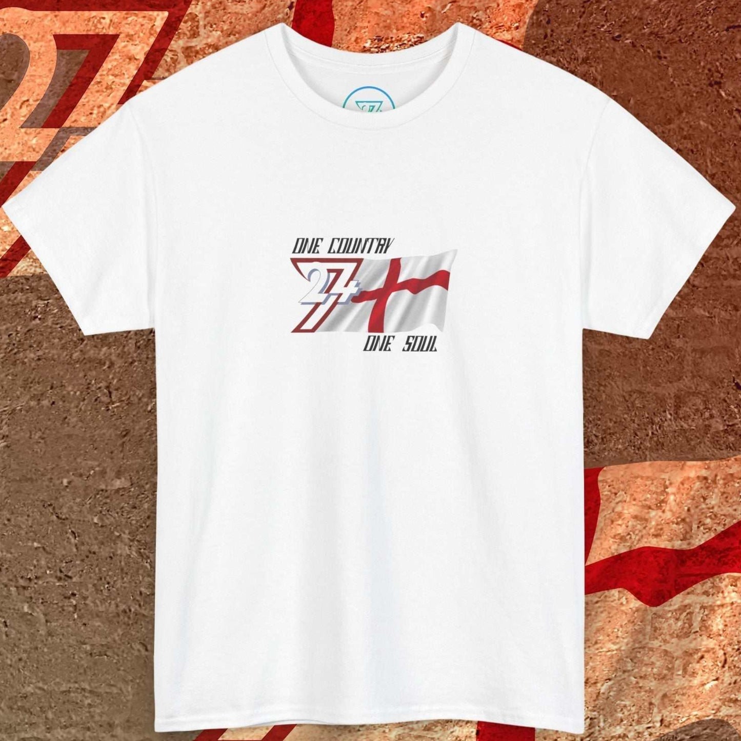Full front view of the White England flag t-shirt featuring a refined hand-drawn design and "One Country One Soul" slogan.