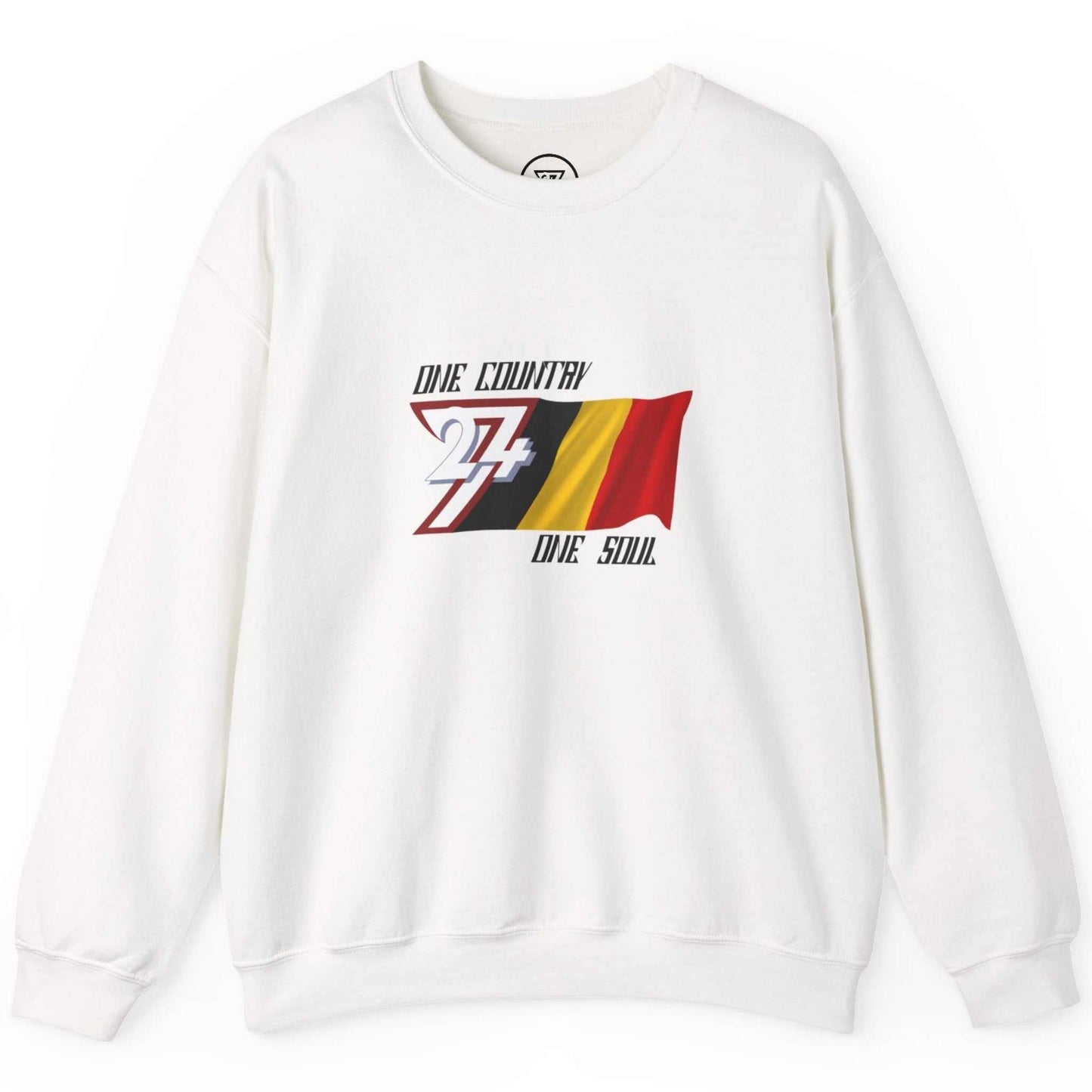 Front view of a white ethically made graphic pullover for Belgian national team fans.