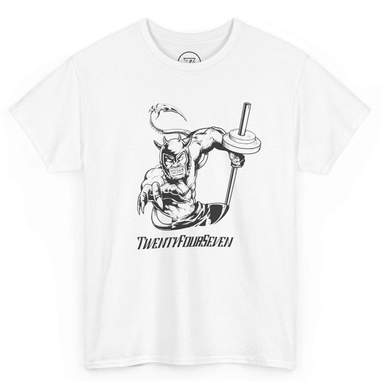Front view of a white fantasy workout shirt featuring the vibrant hand-drawn ALK comic illustration, displayed on a clean background.