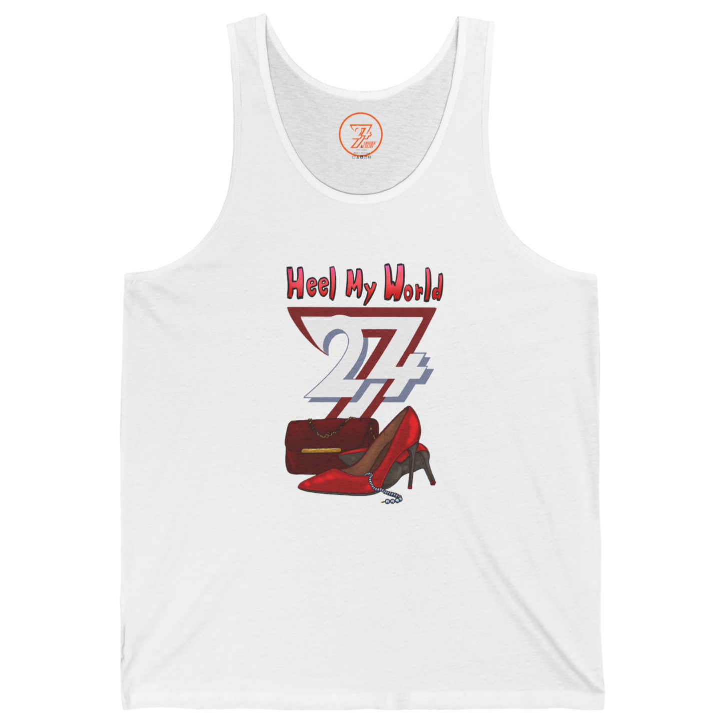White women's fashion tank top featuring a red handbag, stilettos, and pearls illustration.