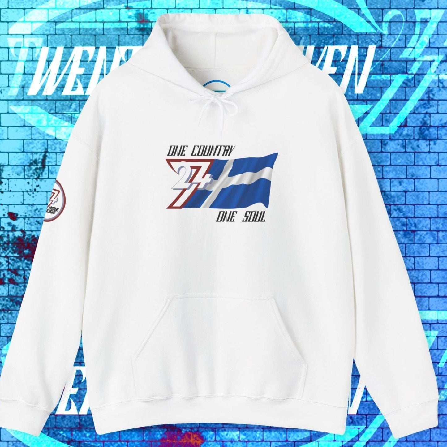 Crisp White Suomi "Frost" edition hoodie with refined hand-drawn lines representing a never-ending love for the nation.