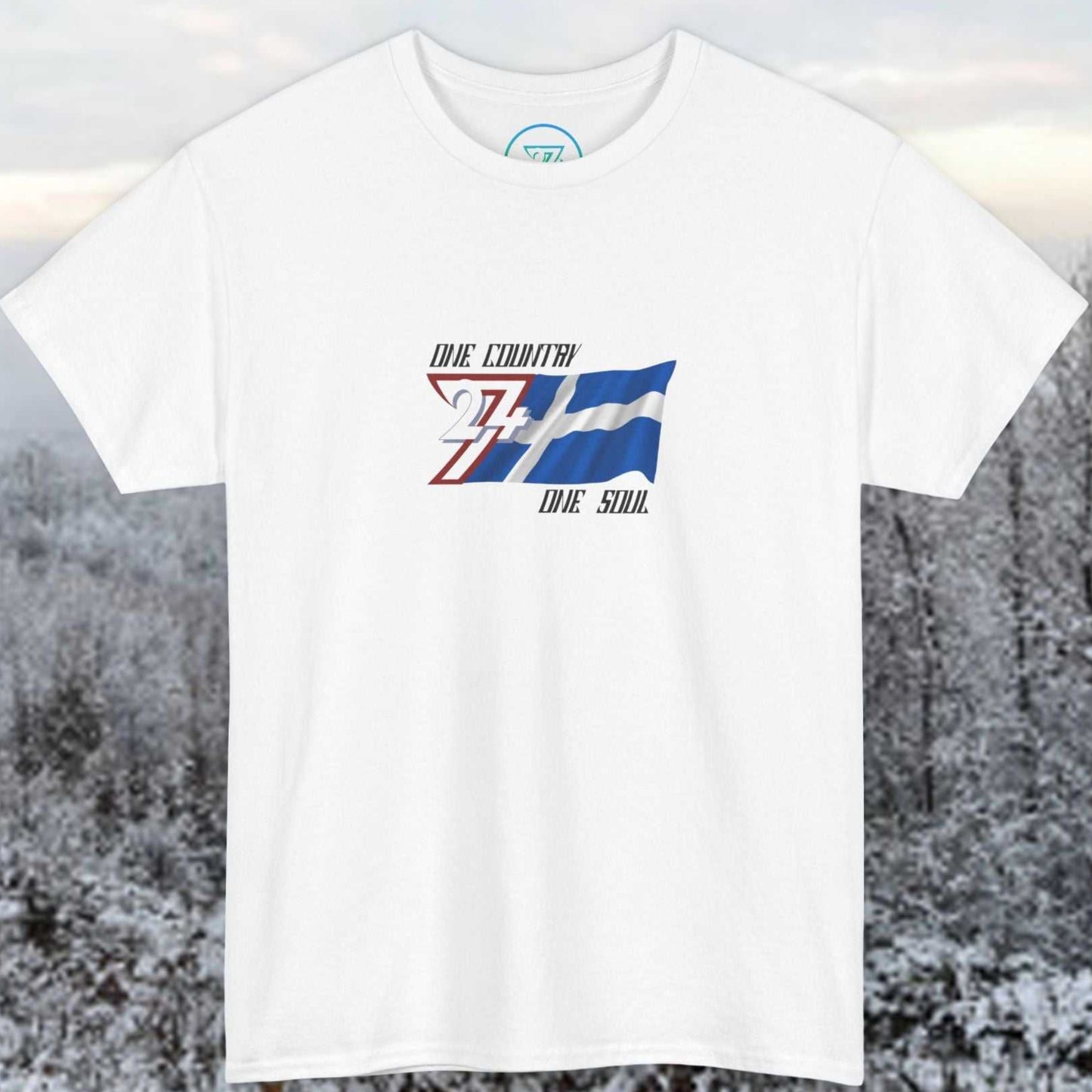 Full front view of the White Finland flag t-shirt featuring a refined hand-drawn design and "One Country One Soul" slogan.