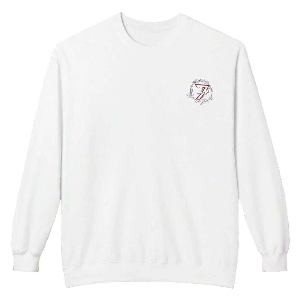 White women's flower graphic sweatshirt featuring a large botanical design on the chest.