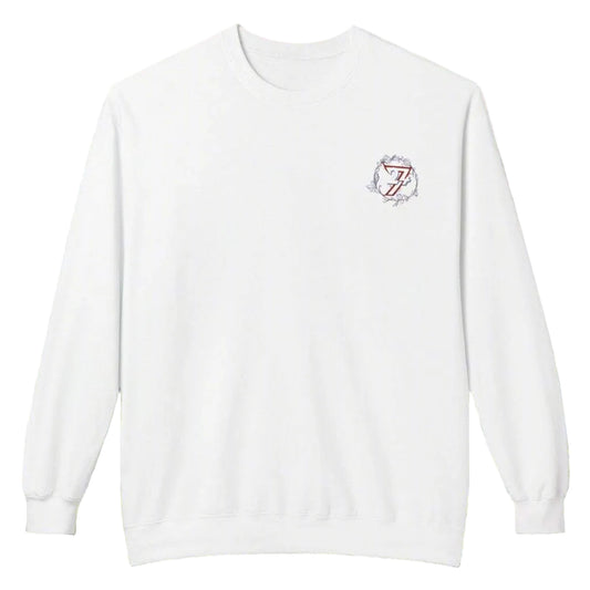 White women's flower graphic sweatshirt featuring a large botanical design on the chest.