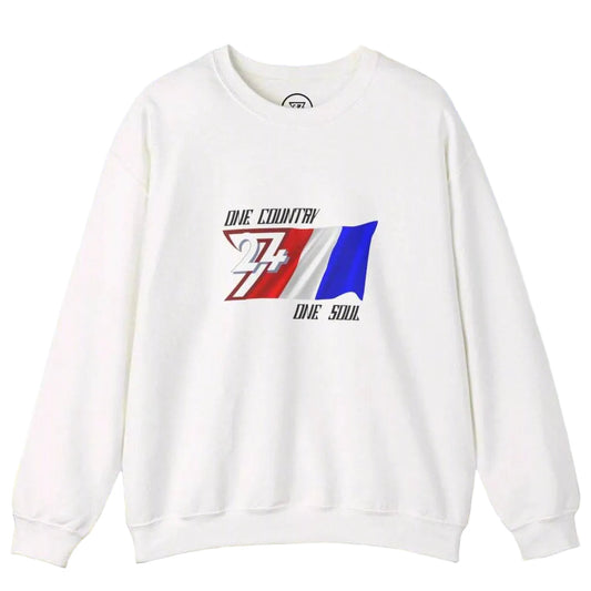 White unisex France flag sweatshirt with hand-drawn flag graphic and "One Country One Soul" slogan, ideal for patriotic sports fans.