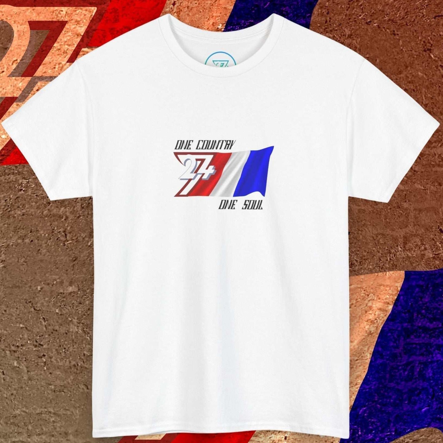 Full front view of the White France flag t-shirt featuring a refined hand-drawn design and "One Country One Soul" slogan.