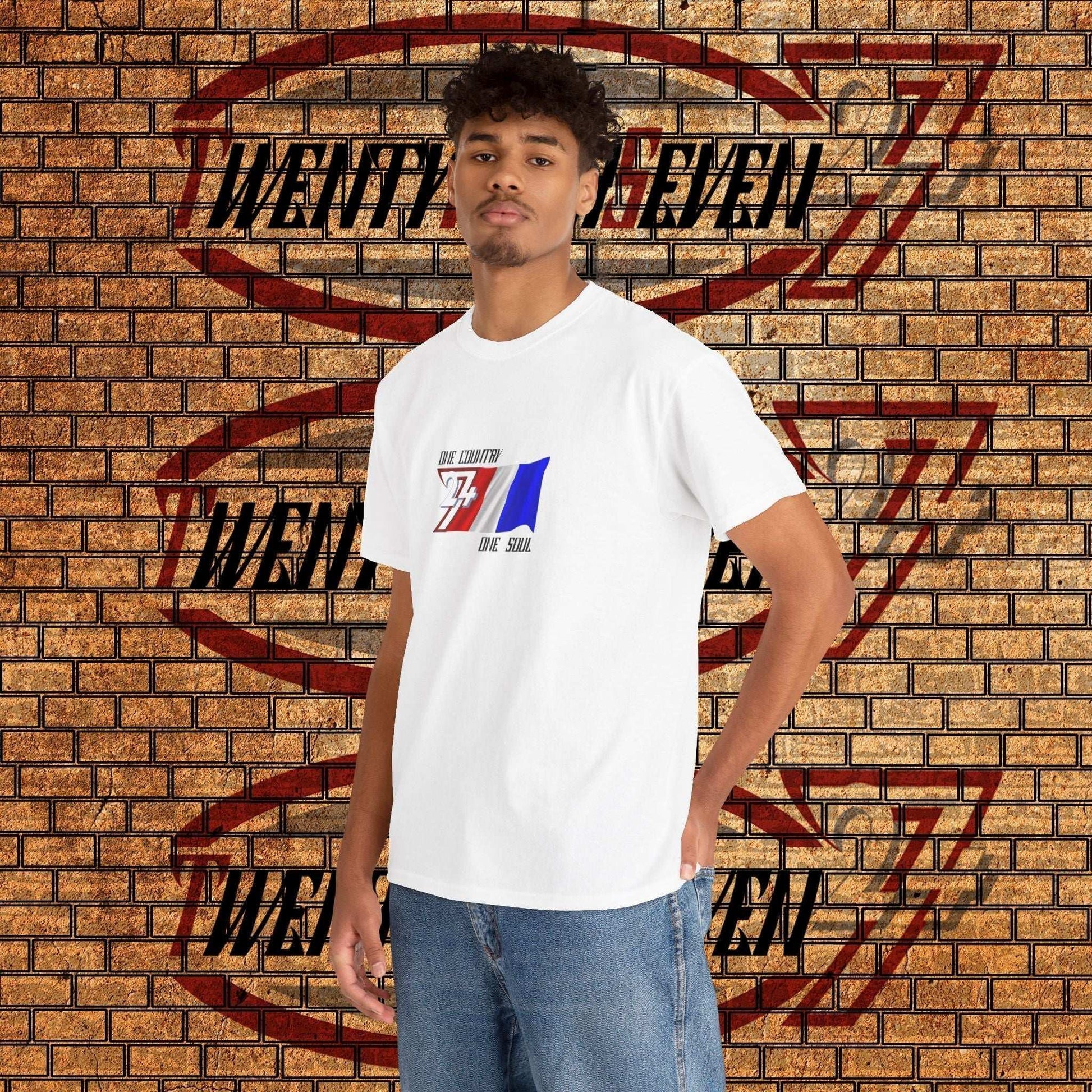 France Graphic Tee with hand-drawn digitally designed France national flag on male model