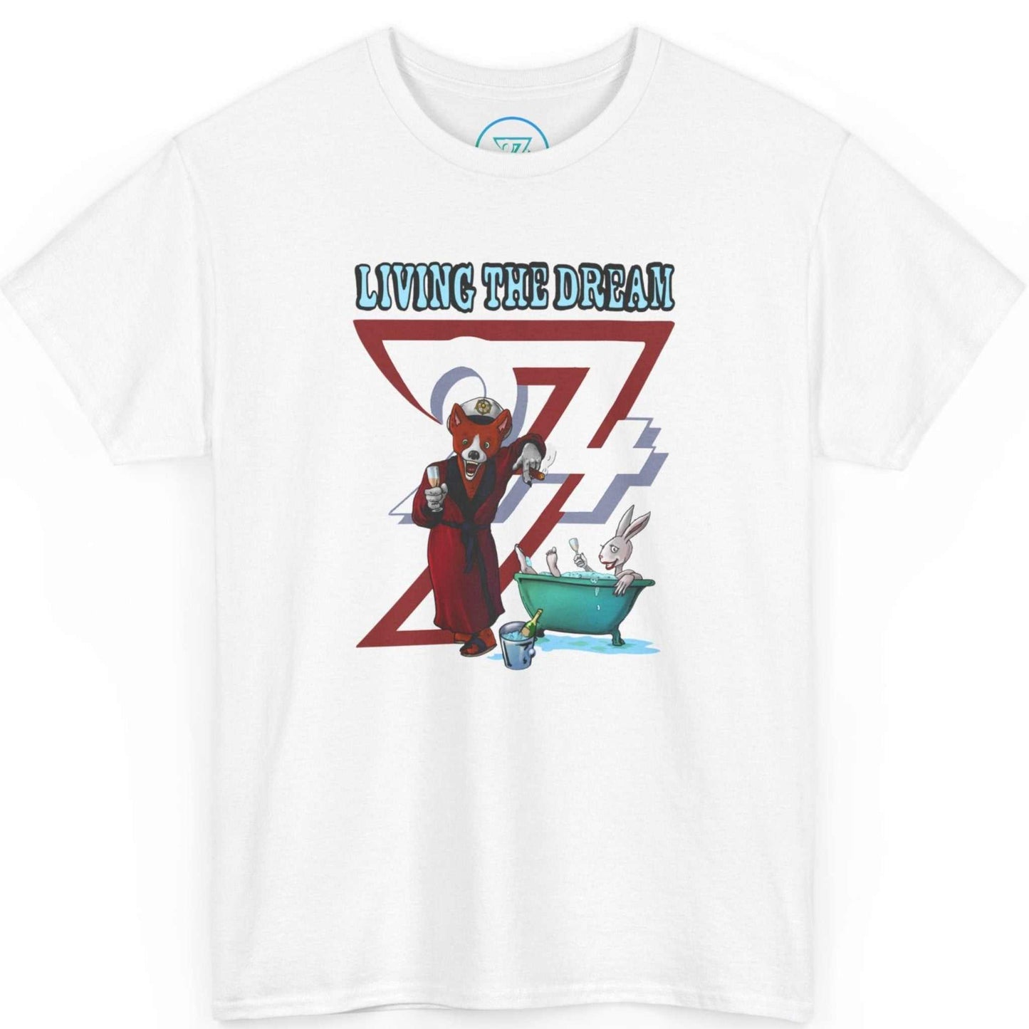 Front view of a white funny bachelor party shirt featuring the custom fox and bathtub bunny illustration, displayed on a clean background.