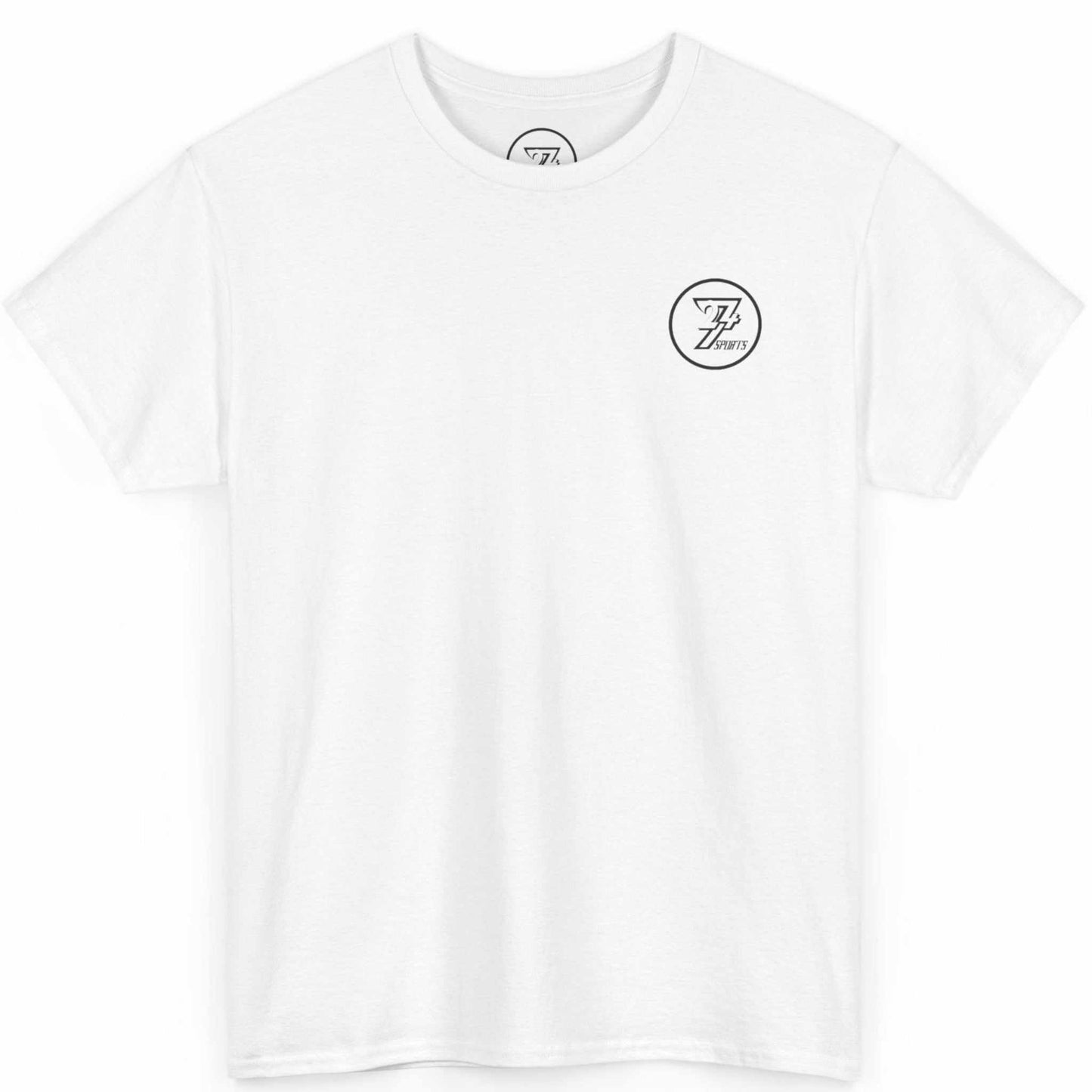 Front view of a white funny bodybuilding graphic tee featuring the small 24/7 Sports logo on the left chest, displayed on a clean background.