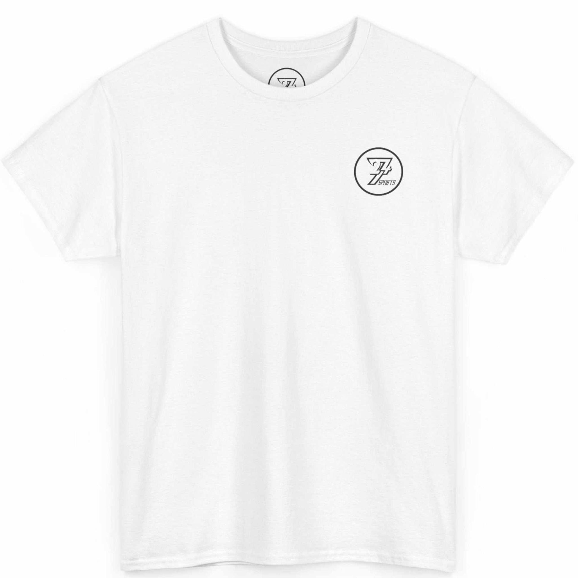 Front view of a white funny bodybuilding graphic tee featuring the small 24/7 Sports logo on the left chest, displayed on a clean background.