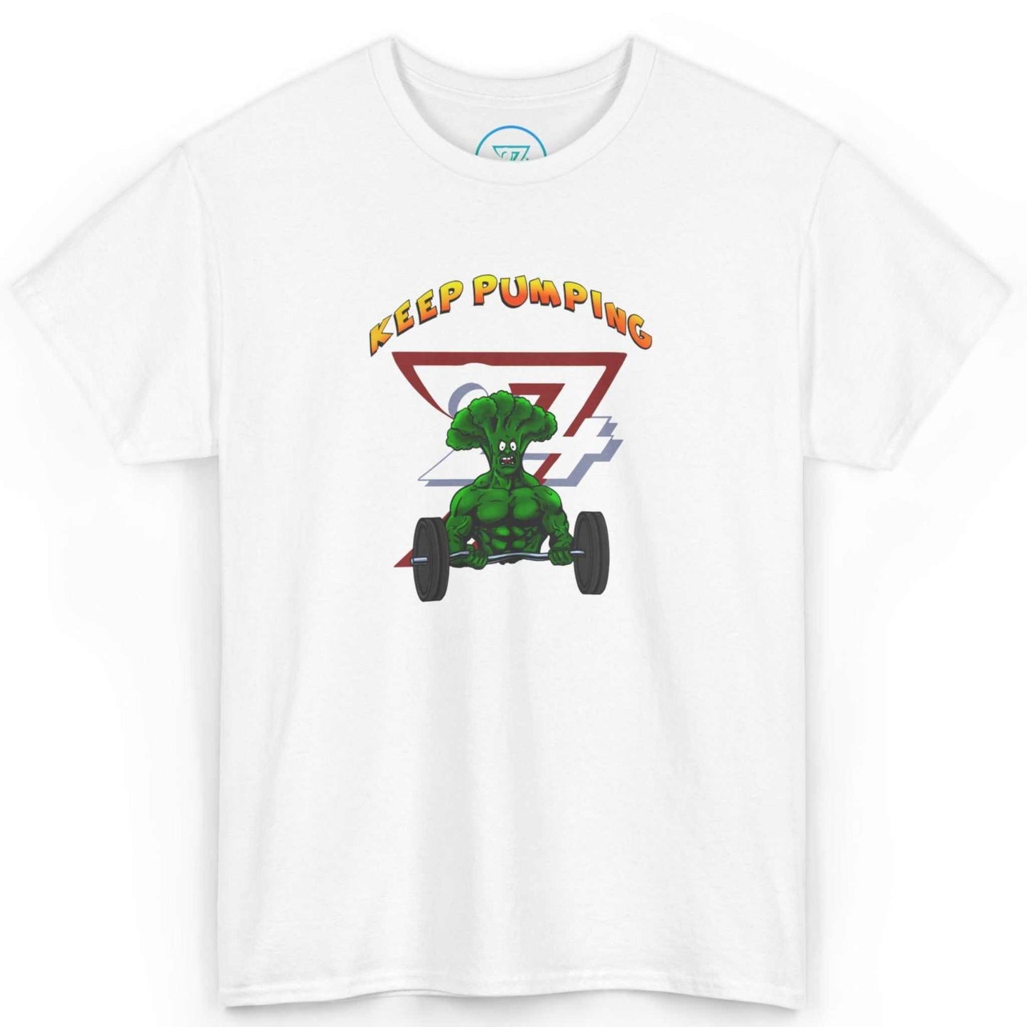 Front view of a white funny broccoli weightlifting shirt featuring the hand-drawn Bro Colin cartoon, displayed on a clean background.
