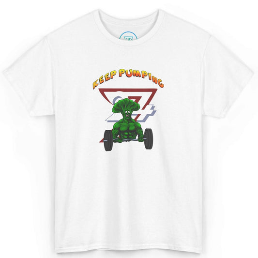 Front view of a white funny broccoli weightlifting shirt featuring the hand-drawn Bro Colin cartoon, displayed on a clean background.