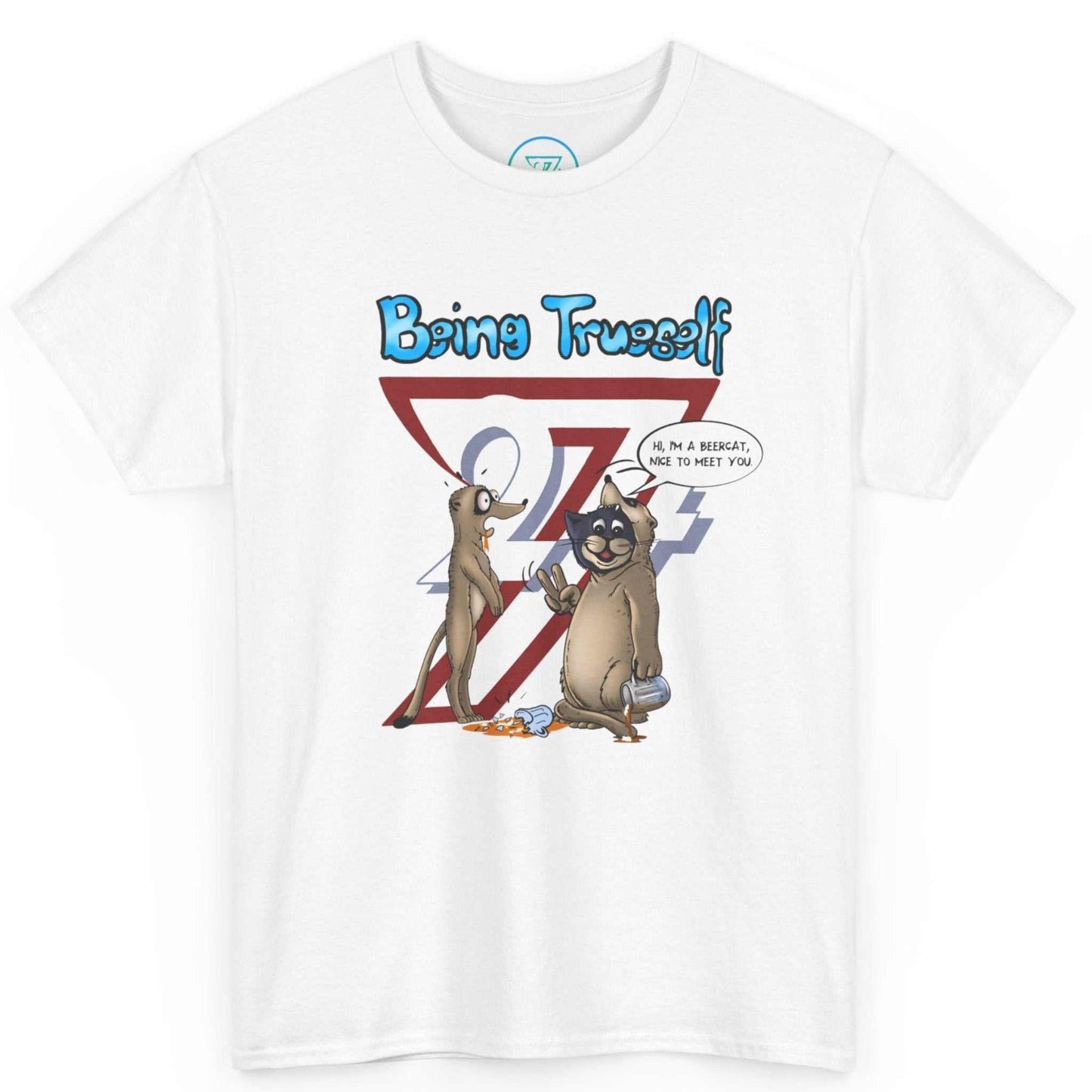 Front view of a white funny cat and meerkat tee featuring the original hand-drawn animal pun cartoon, displayed on a clean background.