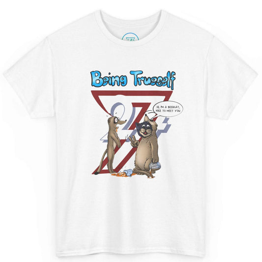 Front view of a white funny cat and meerkat tee featuring the original hand-drawn animal pun cartoon, displayed on a clean background.