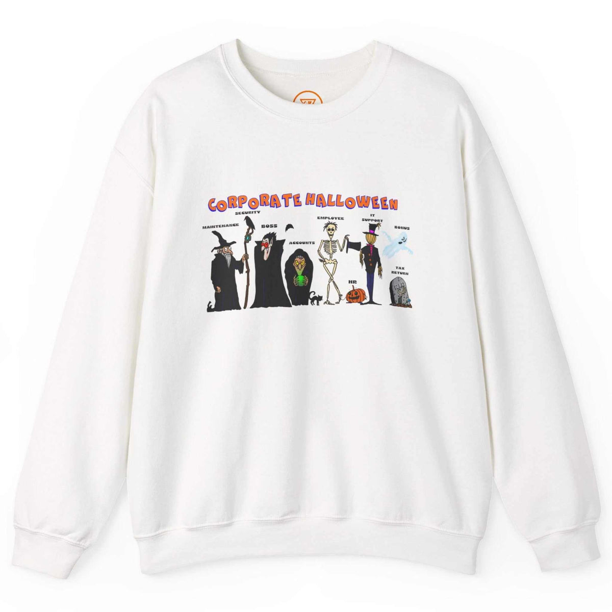Front view of a crisp white funny corporate Halloween sweatshirt featuring the digitally hand-drawn office monster characters, laid flat on a clean background.